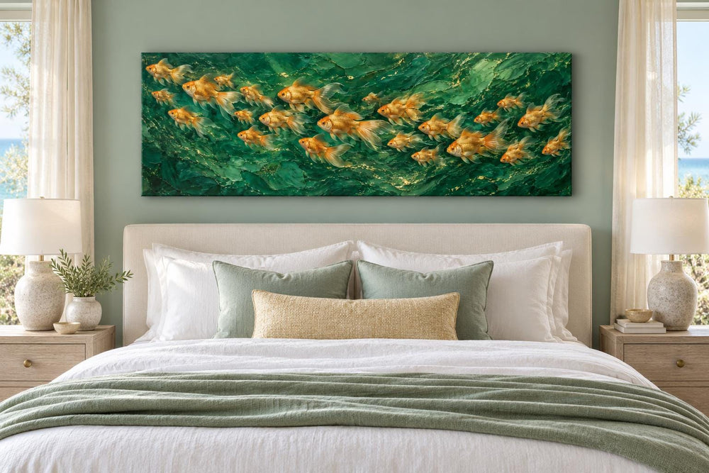 School of fish on emerald green background long horizontal framed canvas wall art above a bed.