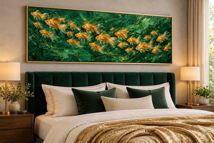 School of fish on emerald green background long horizontal framed canvas wall art above a bed.