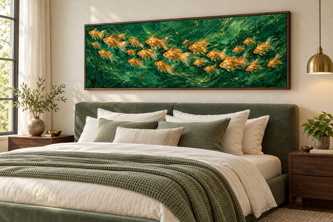School of golden fish on emerald green background long horizontal framed canvas wall art over bed.
