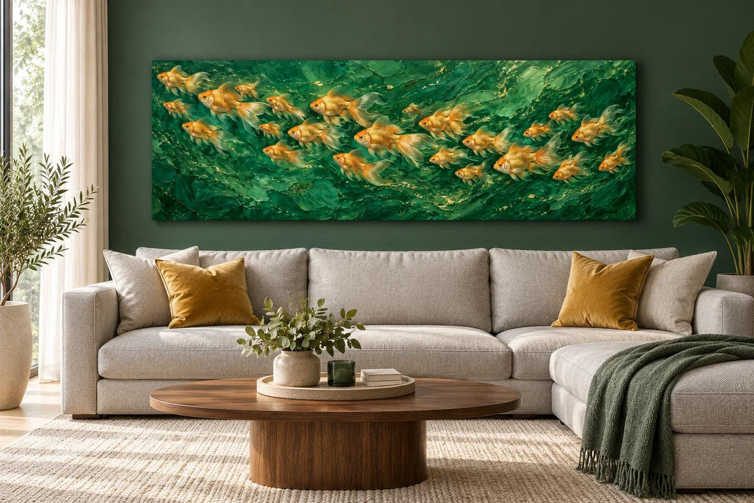 School of golden fish on emerald green background long horizontal framed canvas wall art over sofa.