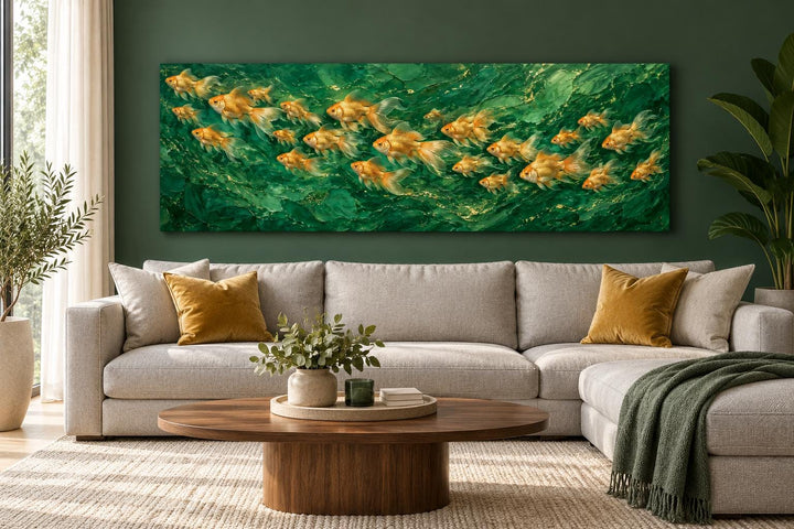 School of golden fish on emerald green background long horizontal framed canvas wall art over sofa.