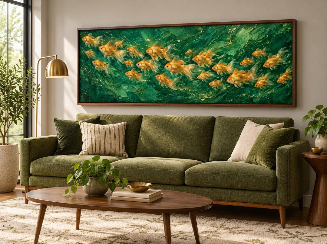 School of golden fish on an emerald green background in a long horizontal dark wood frame.