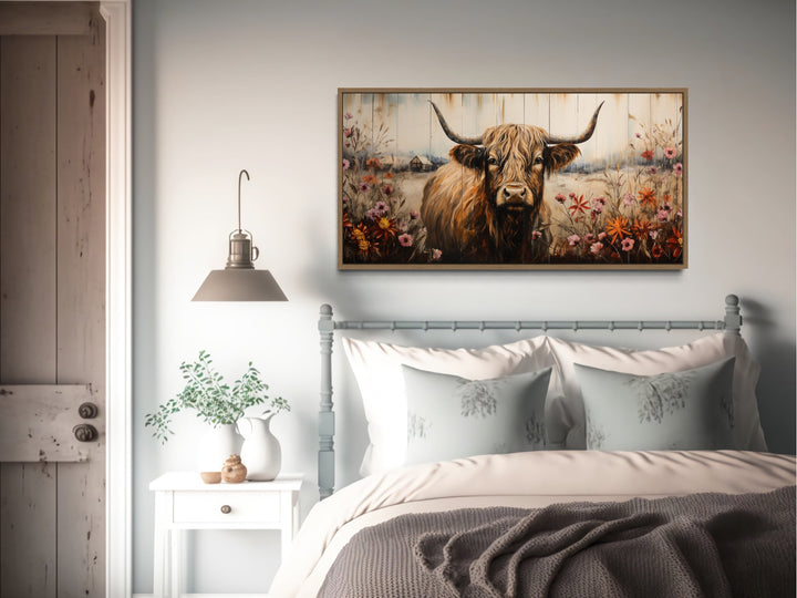 Scottish Highland Cow With Flowers Rustic Farmhouse Wall Art