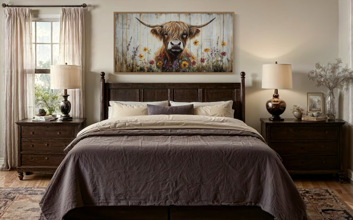 Farmhouse Wall Decor - Scottish Highland Cow With Flowers Rustic Farmhouse Wall Art