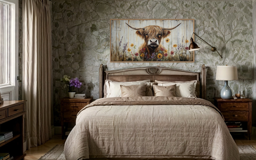 Scottish Highland Cow With Flowers Rustic Farmhouse Wall Art