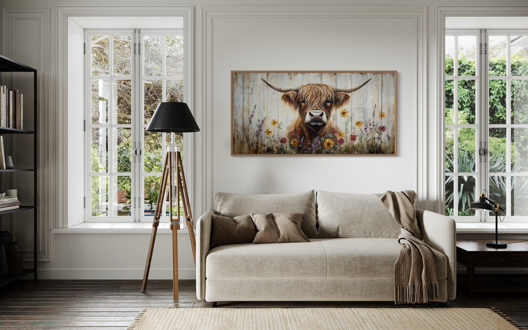 Farmhouse Wall Decor - Scottish Highland Cow With Flowers Rustic Farmhouse Wall Art