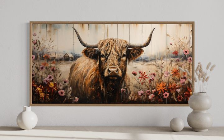 Scottish Highland Cow With Flowers Rustic Farmhouse Wall Art