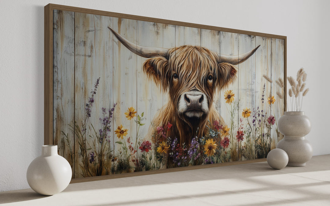 Scottish Highland Cow With Flowers Rustic Farmhouse Wall Art