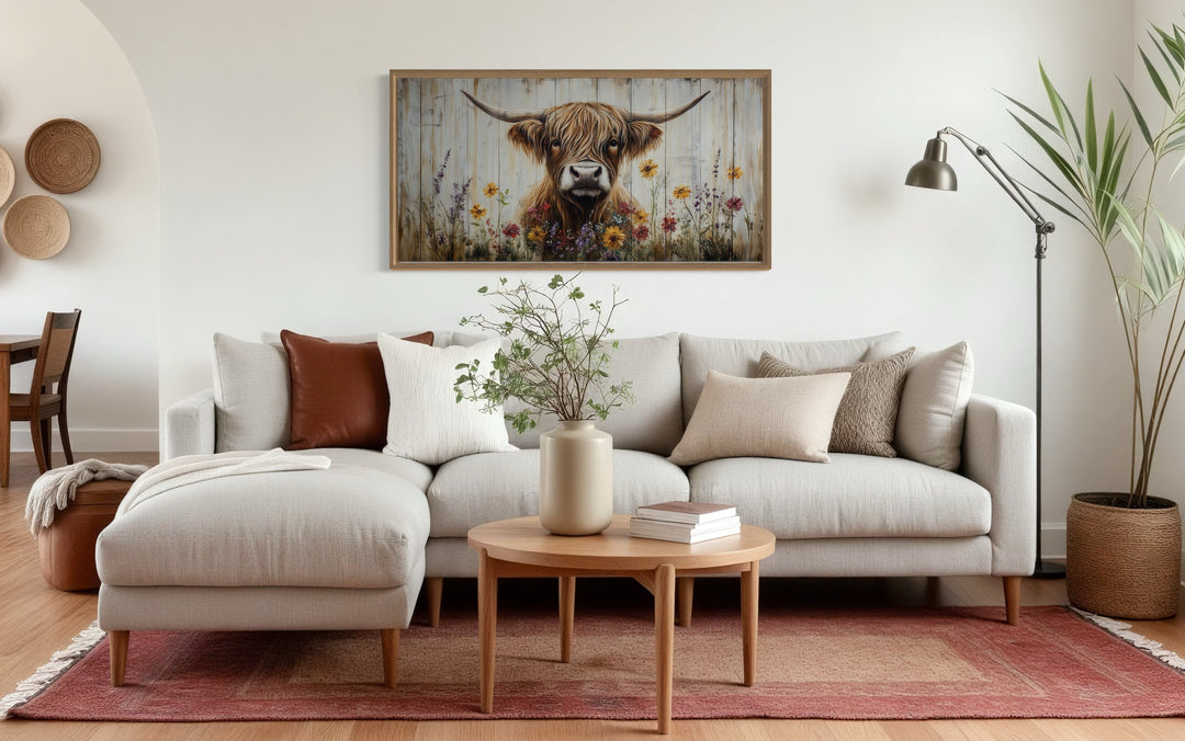 Farmhouse Wall Decor - Scottish Highland Cow With Flowers Rustic Farmhouse Wall Art