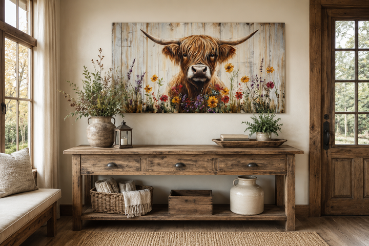 Rustic Highland cow canvas wall art with colorful flowers above a wooden console table.