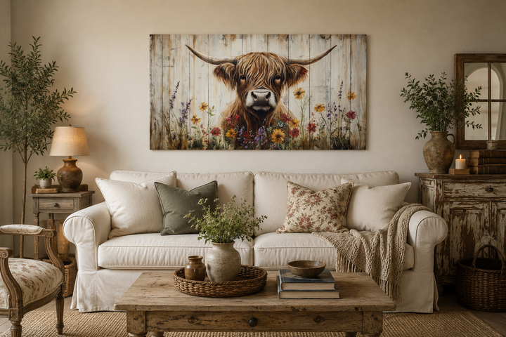 Rustic Highland cow canvas wall art with colorful flowers above a white sofa in a farmhouse room.