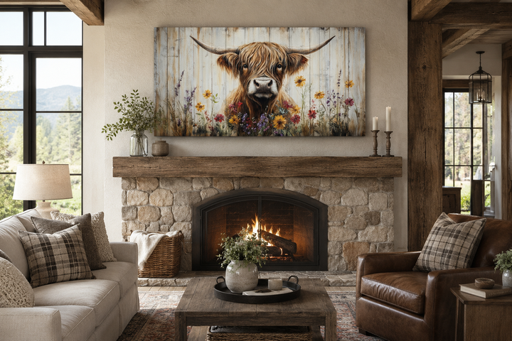 Highland cow wall art with colorful flowers above a stone fireplace in a rustic living room.