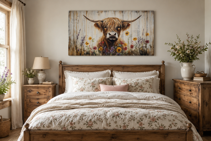 Highland cow wall art with flowers on a wood-panel background above a rustic wooden bed.