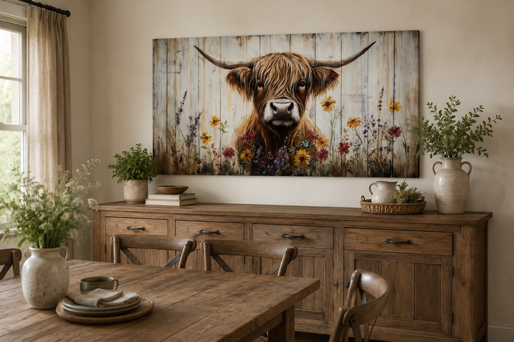 Rustic Highland cow canvas print with colorful flowers on a wood-plank background above a sideboard.