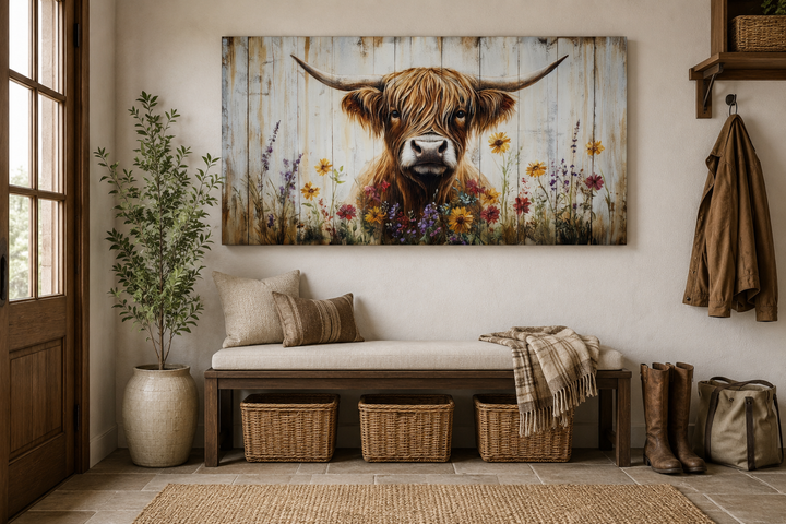 Highland cow wall art with floral accents on a rustic wood-style canvas above an entryway bench.