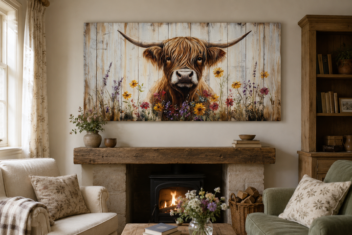 Rustic Highland cow canvas print with colorful flowers hanging above a fireplace mantel.