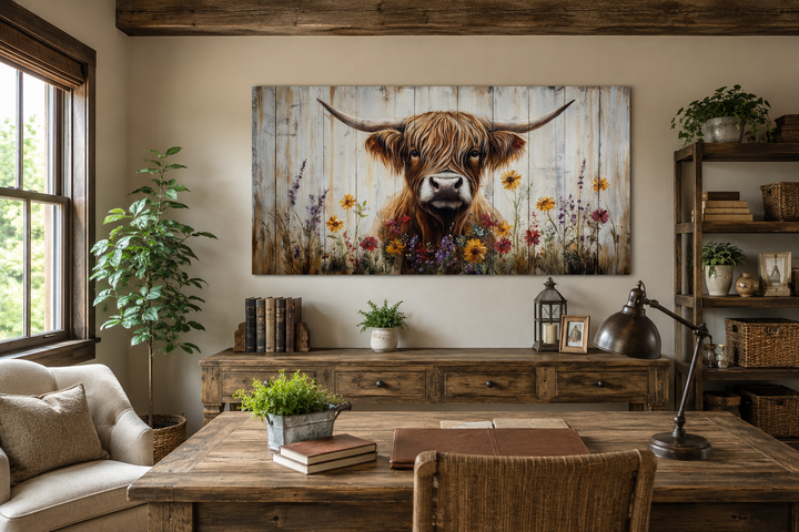 Highland cow wall art with floral accents on a rustic wood-panel background in a farmhouse office.