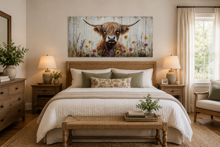 Highland cow wall art with floral accents on a rustic wood-style canvas above a bed.