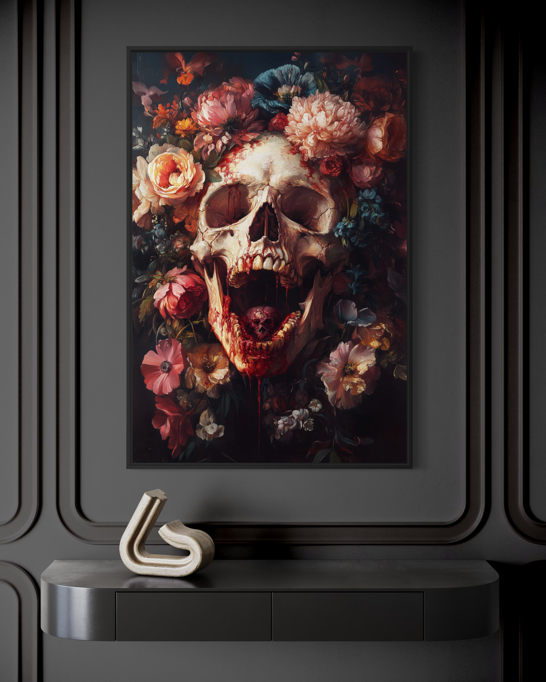a large, colorful painting of a skull surrounded by a vibrant floral arrangement.