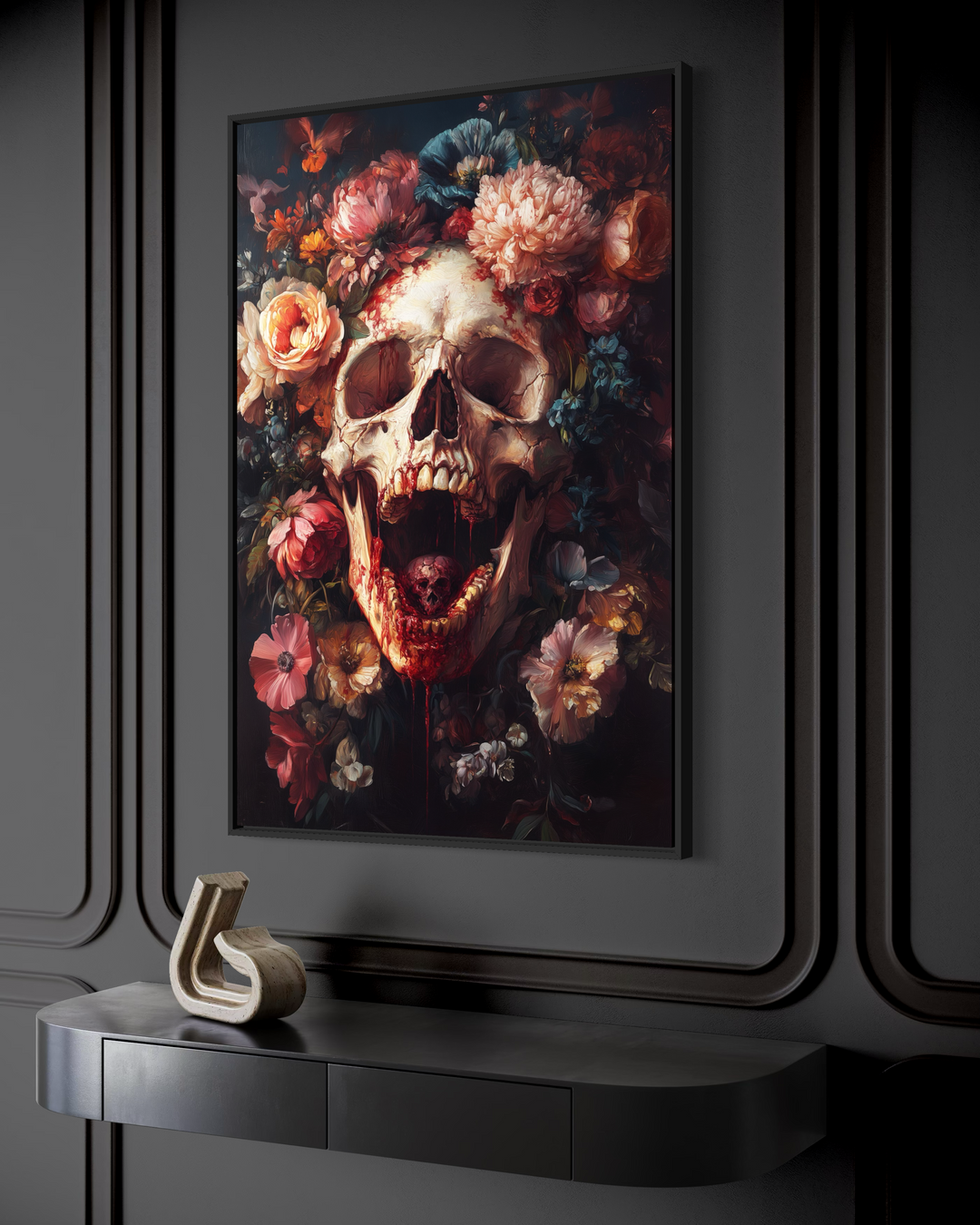 a large, framed artwork of a skull surrounded by a vibrant floral arrangement.