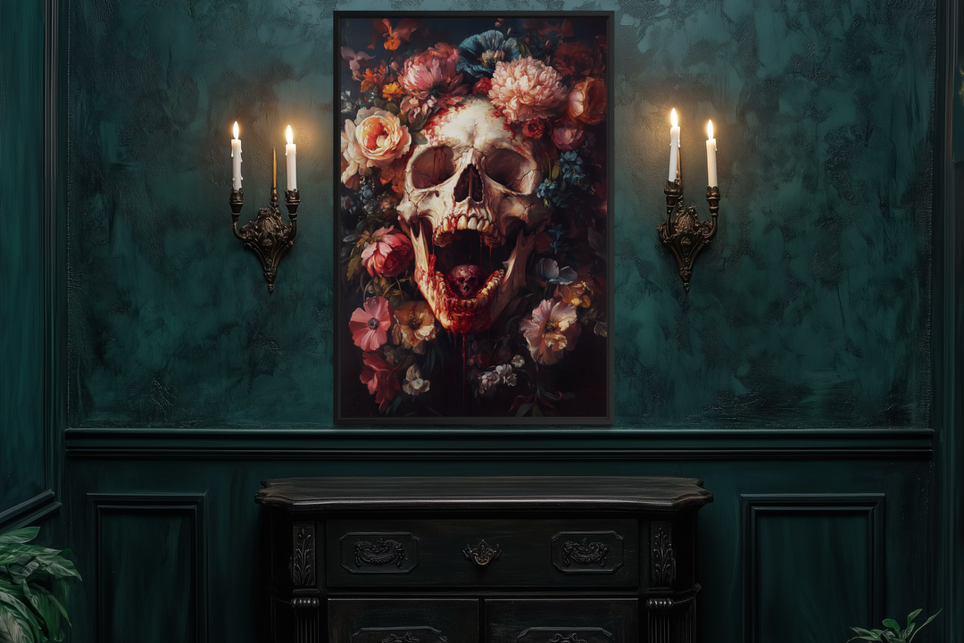 a dark, moody room with a large, ornate painting of a skull surrounded by flowers hanging on the wall. The painting is illuminated by two candles on either side, creating a dramatic and atmospheric effect. In front of the painting, there is a dark wooden dresser or cabinet, adding to the overall dark and mysterious ambiance of the room.