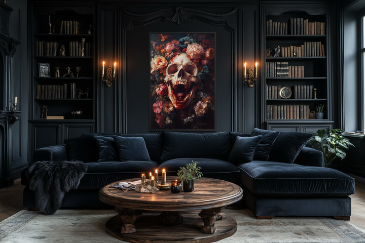 a luxurious living room with dark wood paneling, a large floral painting on the wall, a fireplace, a large blue sofa, a wooden coffee table, and a bookshelf filled with books.