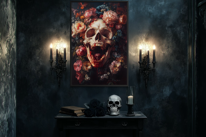 a dark, moody room with a large framed painting of a skull adorned with flowers hanging on the wall. The painting is illuminated by two candles on either side, creating a dramatic and atmospheric effect. In front of the painting, there is a table with a skull on it, a book, and a candle, suggesting a connection to a dark or gothic theme.