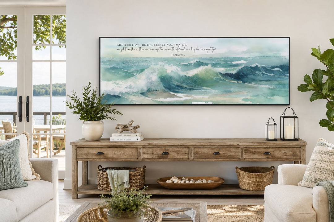 Mightier Than The Waves horizontal framed canvas wall art with Psalm 93:4 scripture over ocean waves.