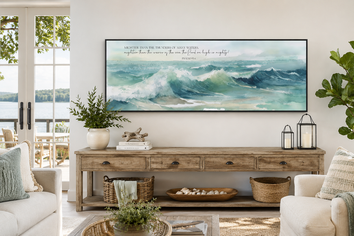 Mightier Than The Waves horizontal framed canvas wall art with Psalm 93:4 scripture over ocean waves.