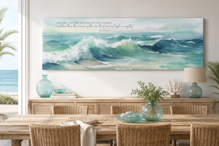 Horizontal framed canvas wall art featuring ocean waves and Psalm 93:4 scripture in a dining room.