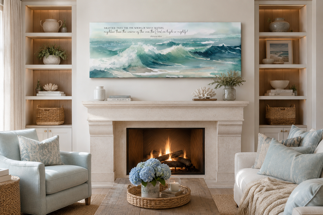 Panoramic ocean wave canvas art with Psalm 93:4 scripture displayed over a living room fireplace.