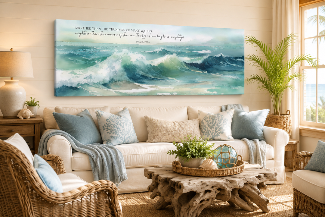 Psalm 93:4 scripture wall art featuring a panoramic watercolor painting of blue ocean waves.