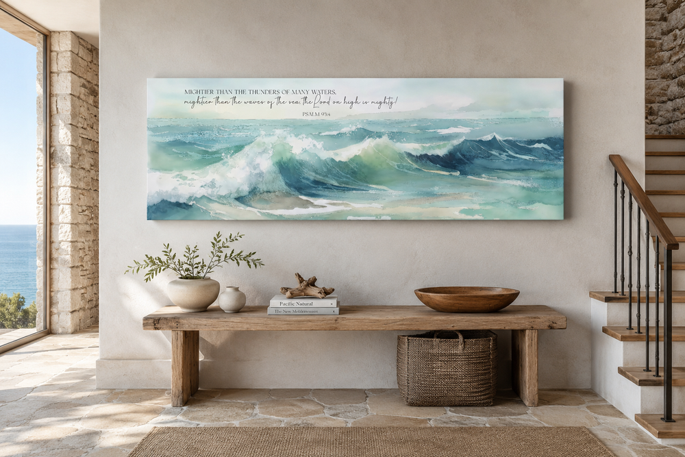 Panoramic ocean wave canvas art with Psalm 93:4 scripture above a wooden bench in a neutral room.