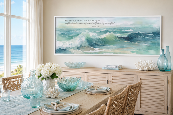 Mightier Than The Waves horizontal framed canvas wall art with Psalm 93:4 over a dining sideboard.