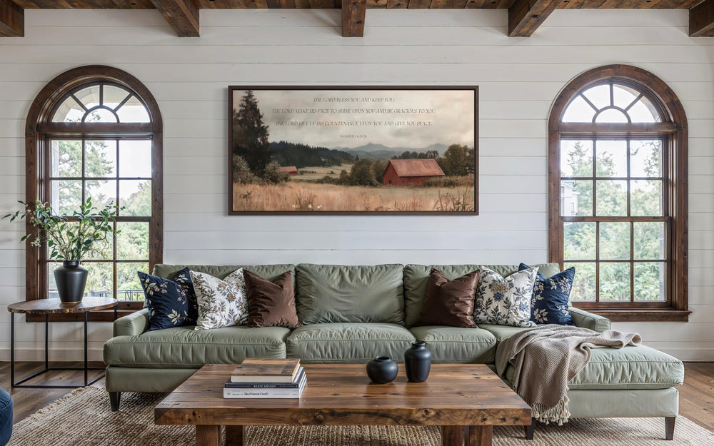 Scripture wall art featuring Numbers 6:24-26 over a peaceful landscape with a red barn.