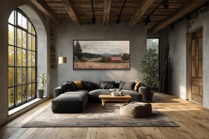 Scripture wall art of Numbers 6:24-26 over a rural landscape with a red barn in a rustic living room.