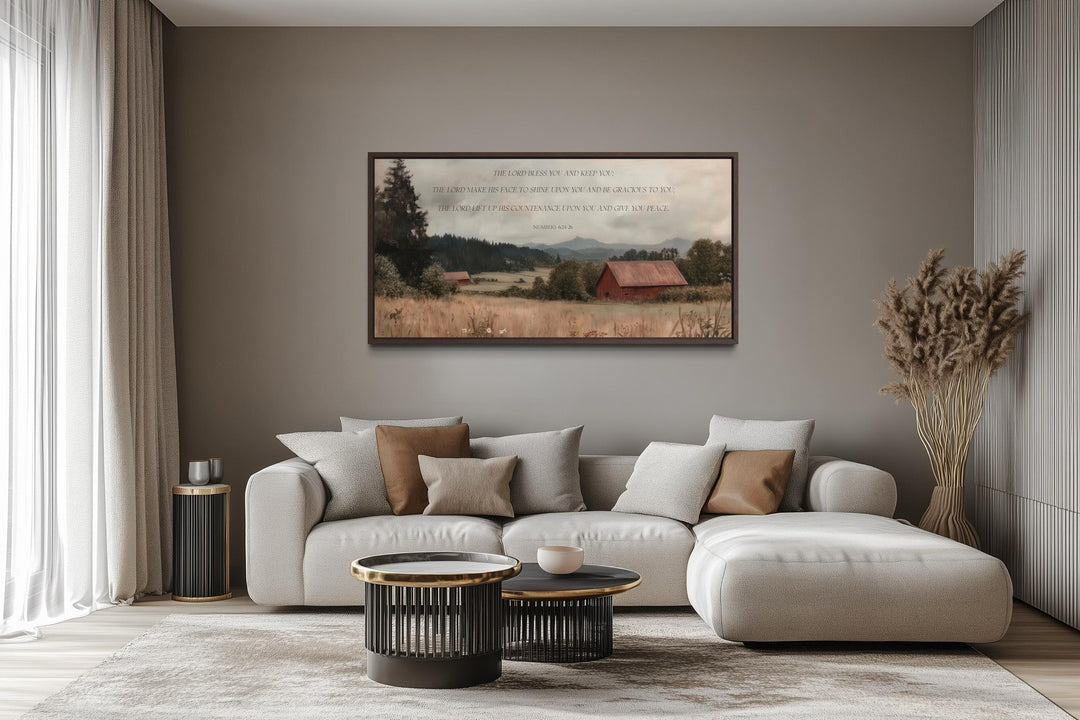 Scripture wall art featuring Numbers 6:24-26 over a peaceful landscape with a red barn.