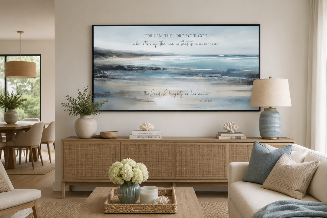 Coastal canvas wall art with Isaiah 51:15 scripture over a tranquil blue and beige ocean painting.