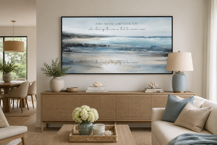 Coastal canvas wall art with Isaiah 51:15 scripture over a tranquil blue and beige ocean painting.