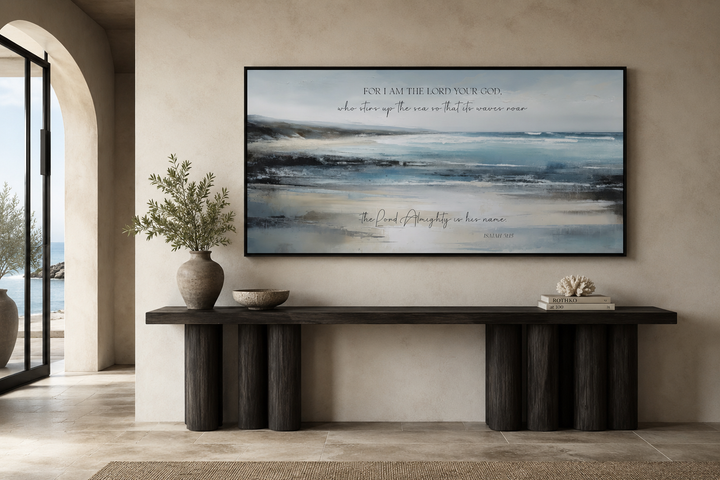 Coastal canvas wall art with Isaiah 51:15 scripture over a tranquil blue and beige ocean painting.