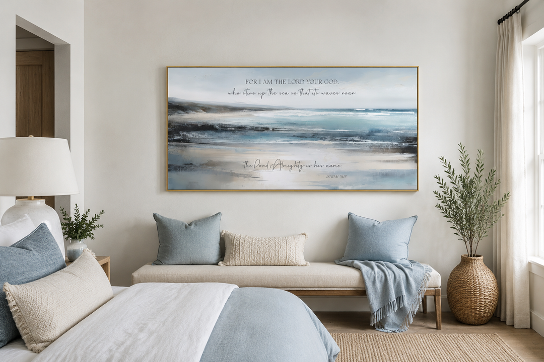 Coastal canvas wall art with Isaiah 51:15 scripture over a tranquil blue and gray ocean painting.