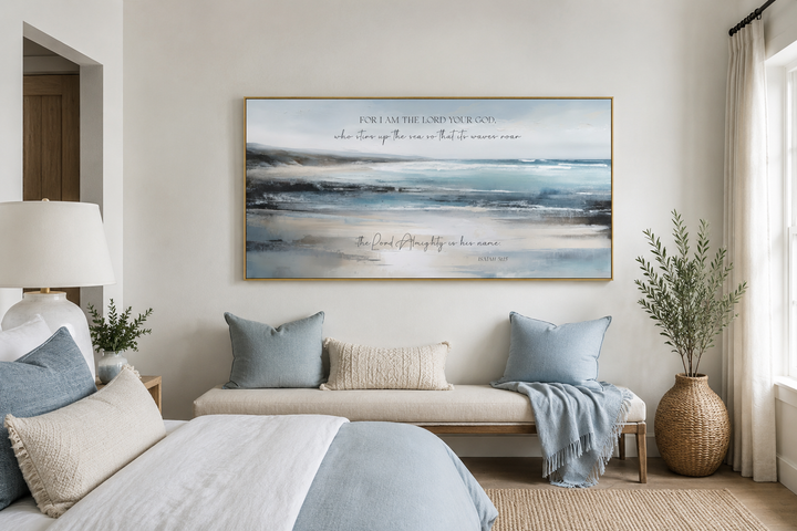Coastal canvas wall art with Isaiah 51:15 scripture over a tranquil blue and gray ocean painting.