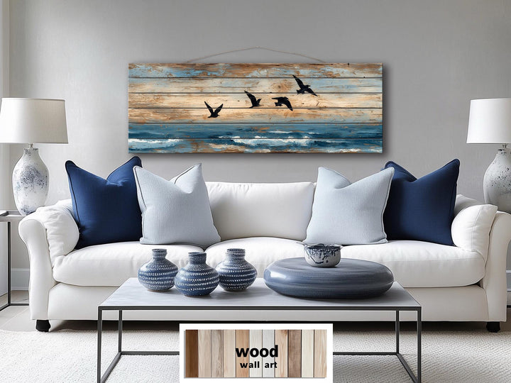 Sea Birds Over Ocean Distressed Horizontal Coastal Wood Wall Art