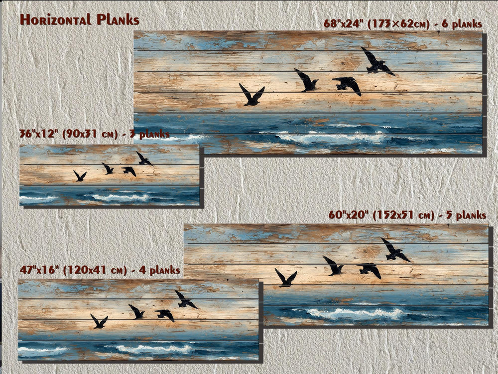 Sea Birds Over Ocean Distressed Horizontal Coastal Wood Wall Art