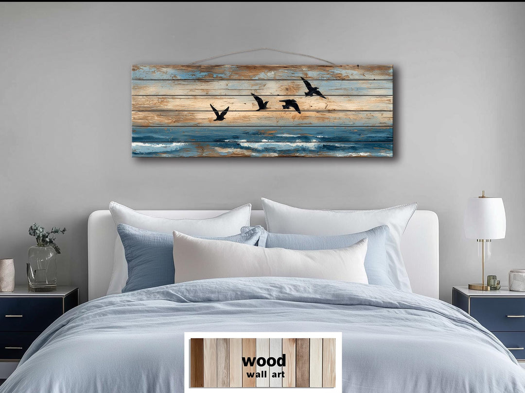Sea Birds Over Ocean Distressed Horizontal Coastal Wood Wall Art