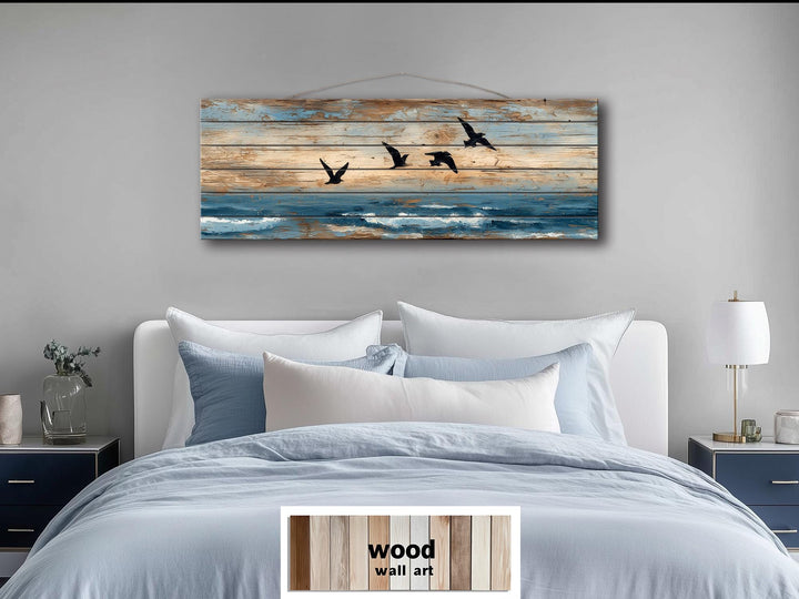 Sea Birds Over Ocean Distressed Horizontal Coastal Wood Wall Art