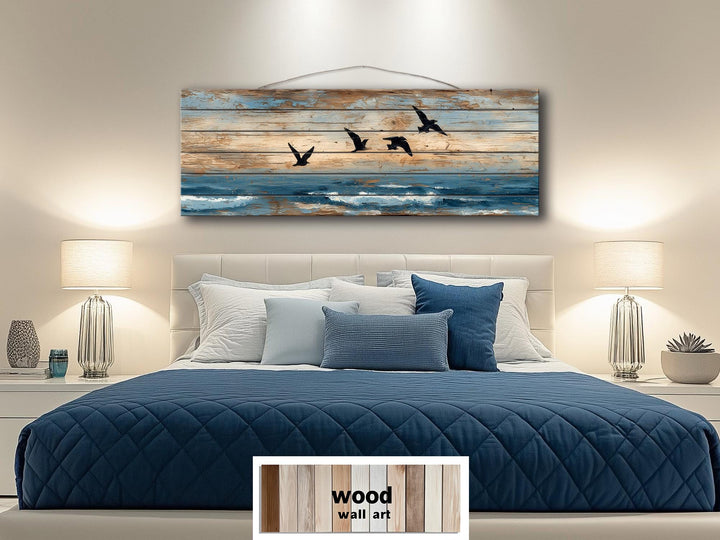 Sea Birds Over Ocean Distressed Horizontal Coastal Wood Wall Art