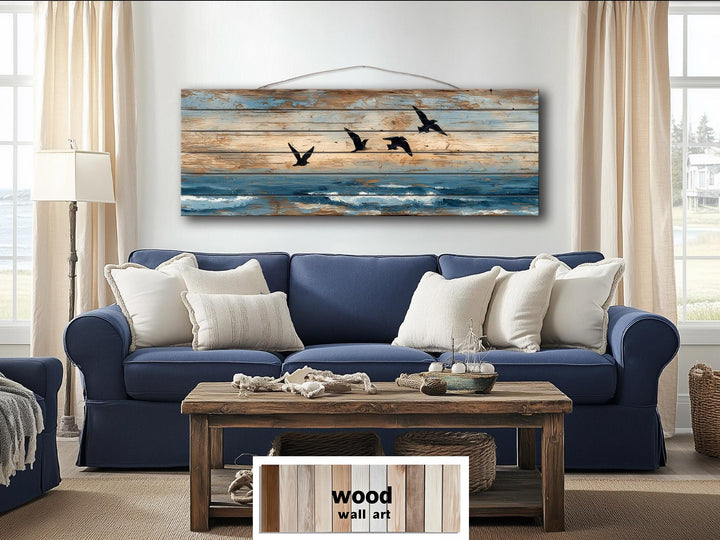 Sea Birds Over Ocean Distressed Horizontal Coastal Wood Wall Art