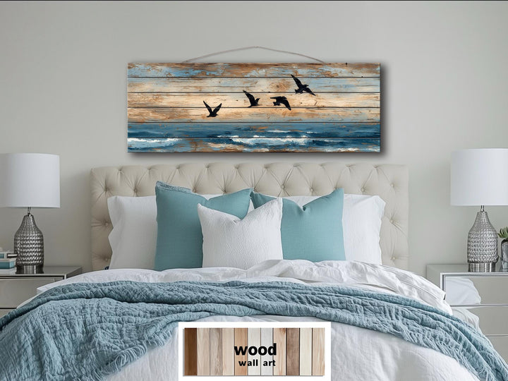 Sea Birds Over Ocean Distressed Horizontal Coastal Wood Wall Art