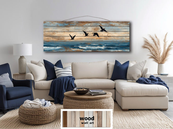 Sea Birds Over Ocean Distressed Horizontal Coastal Wood Wall Art